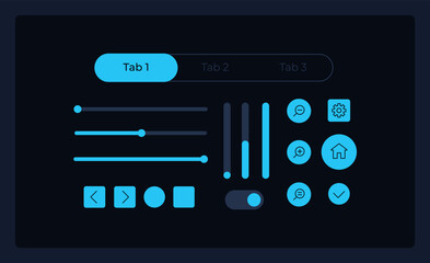 Manage options UI elements kit. User controls isolated vector components. Flat navigation menus and interface buttons template. Dark theme web design widget collection for mobile application