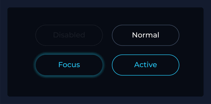 Button states UI elements kit. User interaction isolated vector components. Flat navigation menus and interface buttons template. Dark theme web design widget collection for mobile application