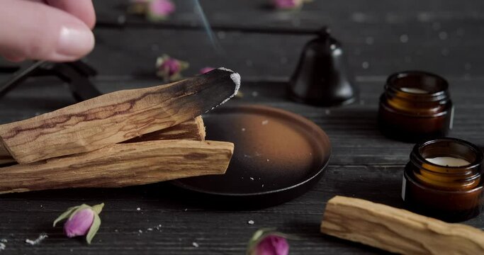Burning Palo Santo stick, hand putting Palo Santo stick on wooden pile, aromatic scented wood placed on ceramic plate, bursera graveolens, Mexican Holy stick, close up footage, 4k relaxation video