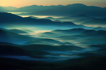 Fototapeta na wymiar The fog and natural scenery of the outdoor mountain peaks under the sunset