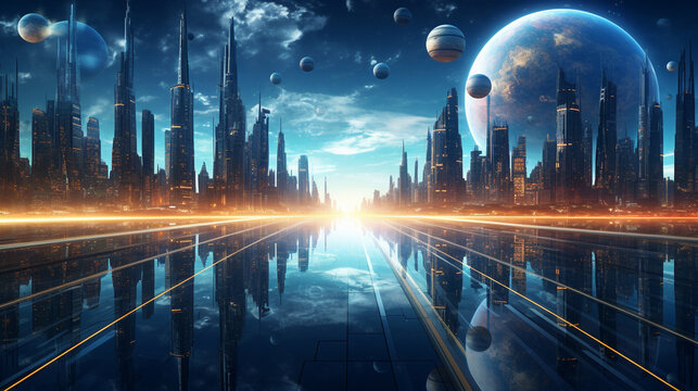 Futuristic multiverse world concept. Downtown with skyscrapers skyline under and cityscape over. Two parallel worlds. Alternative reality dimension