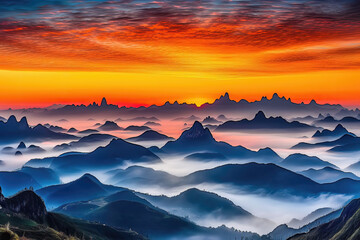 Fototapeta na wymiar The fog and natural scenery of the outdoor mountain peaks under the sunset