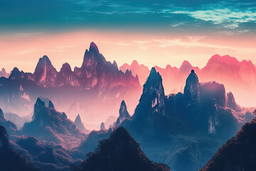 The fog and natural scenery of the outdoor mountain peaks under the sunset