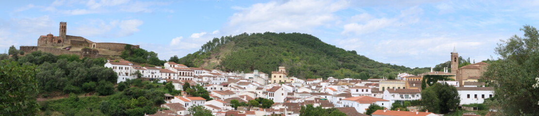 Almonaster la Real, Huelva, Spain, June 21, 2023: Panoramic of the mosque, bullring, town and...