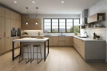 Beautiful Sustainable Lifestyle MCM Midcentury modern interior with wooden staircase kitchen island plants and large windows