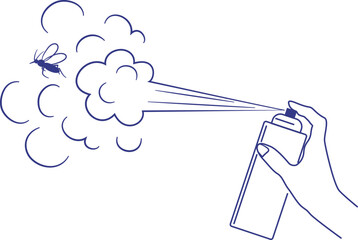 飛んでいる蚊にスプレー式殺虫剤を噴射する線画イラスト