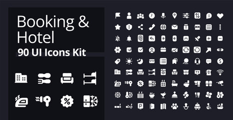 Booking and hotel white glyph ui icons kit for dark mode. Accommodation. Silhouette symbols on black background. Solid pictograms for web, mobile. Vector isolated illustrations. Poppins font used © IMG visuals icons