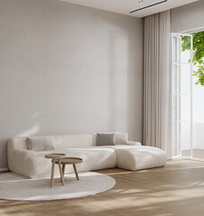 Minimalist modern living room interior background, living room mock up in scandinavian style, empty wall mockup, 3d rendering - obrazy, fototapety, plakaty