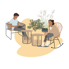 Сouple is relaxing at a tea table in nature. Flat summer vector illustration 