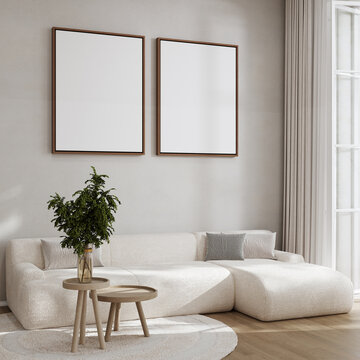 Modern living room interior with sofa, coffee table, plant and two poster frames mockup, 3d rendering