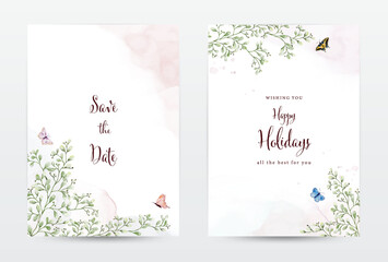 Foliage and butterflies watercolor for invitation template cards set