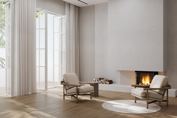 Minimalist living room interior with modern fireplace, armchair and beige plasters walls. Interior mockup, 3d render © Liliia