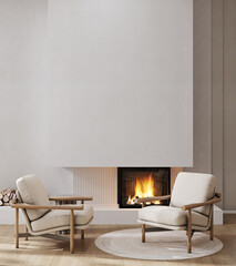 Minimalist living room interior with modern fireplace, armchair and beige plasters walls. Interior mockup, 3d render - obrazy, fototapety, plakaty