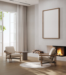 Vertical poster frame mock up in scandinavian style living room interior, modern living room interior background, 3d rendering - obrazy, fototapety, plakaty