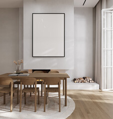 Poster frame mockup in stylish beige living room interior, 3d rendering