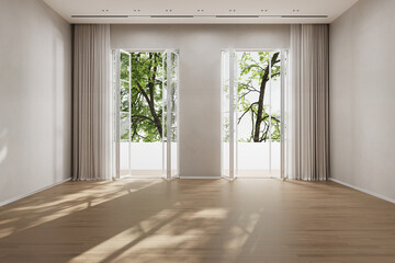 Obraz premium Empty elegant living room with sunlight and shadows, 3d rendering