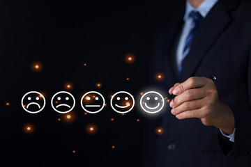 Businesspeople rate their satisfaction and praise the products and excellent service, customer care...
