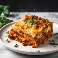 Zoom view delicious and simple vegan veggie lasagna with spinach leaves on a white plate and carrier table  - obrazy, fototapety, plakaty