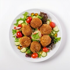 view from the top vegan veggie meatballs and house salad on a white plate