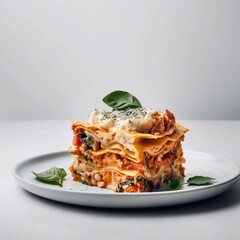 Delicious and simple vegan veggie lasagna with spinach leaves on a white plate and carrier table  - obrazy, fototapety, plakaty