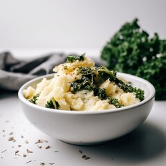 Mashed potatoes with kale  on a white bowl and white minimalist background