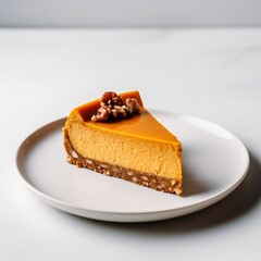 Thangskiginvg  pastry and fall dessert of pumpkin cheese cake on a white plate and white background 
