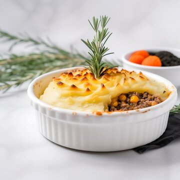 Shepperd pie on a white bowl with lavender garnish on a Carrara white marble kitchen table