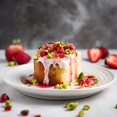 delicious vegan Coconut Milk Cake with Pistachios Whipped Coconut Cream and Strawberry Glaze and decorative strawberries