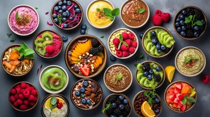 Rows of fruit in bowls on a gray table background view from the top delicious bowls of ruit