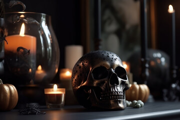 Black skull and candles on the table. Wiccan Halloween decorations. Photorealistic illustration of Generative AI.