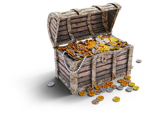 detailed 3d illustration render of an old rusted wooden pirate treasure chest full of golden coins and pearls isolated from background