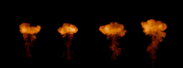 Four various flaming mushroom explosions, isolated - object 3D rendering - obrazy, fototapety, plakaty