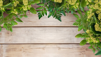 Nature's Harmony: Wooden Frame with Fresh Leaves and Floral Accents | AI-Generated Decoration