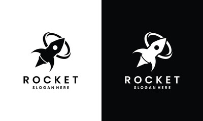 Flying Rocket Minimal Logo Design. Black Rocket for Company Logo on a black and white background.