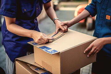 The parcels of the parcel send to the package through the service. The consignment hand submits the customer to the delivery of the delivery person's box.