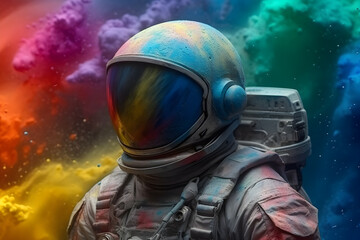Obraz na płótnie Canvas cosmonaut in front of colors of rainbow powder explosion ,generative ai