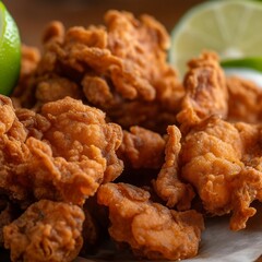 Zoom view of fried fish chunks served on a plate with a slide of lemon