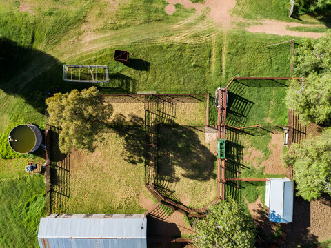 Australian cattle yards seen in overhead top down aerial view on farm with sheds