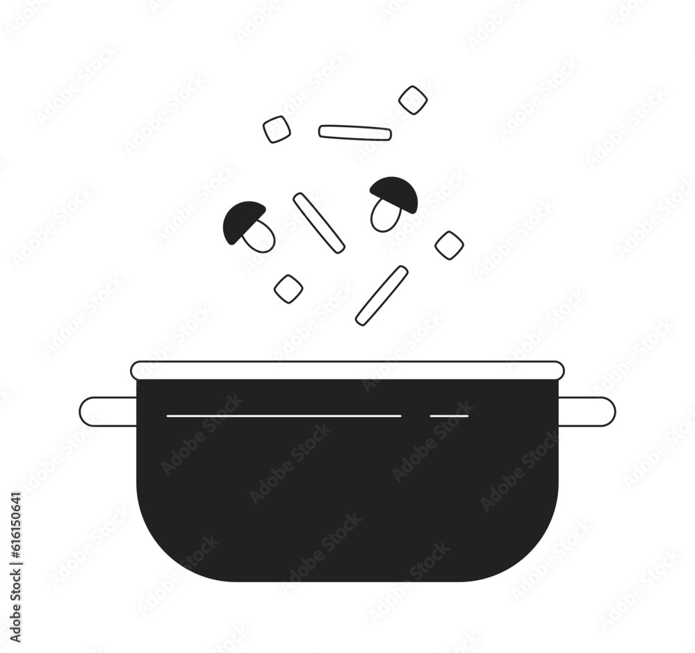 Poster add vegetables into pot monochrome flat vector object. cut fresh mushrooms for soup. editable black 
