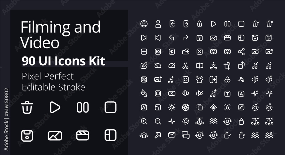 Poster video production pixel perfect white linear ui icons kit for dark theme. filmmaking software. footag