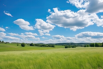Fototapeta premium Green Farm Skyline under the blue sky and white clouds