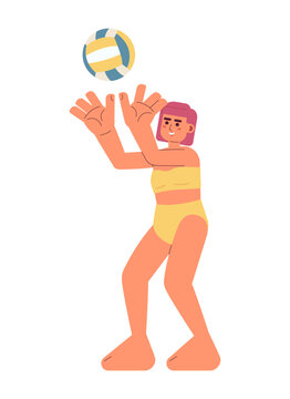 Girl volleyball player passing volley ball semi flat colorful vector character. Swimsuit woman at beach. Editable full body person on white. Simple cartoon spot illustration for web graphic design