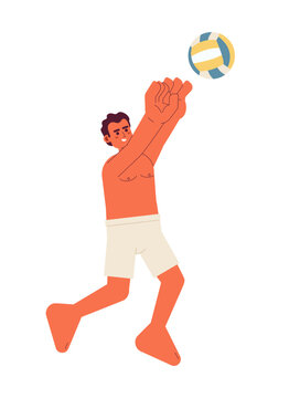 Male volleyball player spiking semi flat colorful vector character. Swimwear latino man jumping with ball. Editable full body person on white. Simple cartoon spot illustration for web graphic design