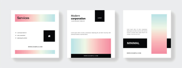 Colorful pastel summer theme gradient minimal social media templates with place for photos, rainbow, clean editable square banners, black contrast, instagram and facebook with minimalistic design