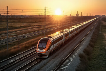 In the background of dusk, high -speed fast train passenger locomotives are in the field of speed movement