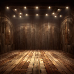 Empty Wood Barn stage with spotlights. Generative AI.