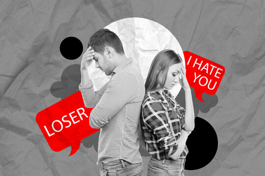 Creative collage picture of two black white gamma unsatisfied partners dialogue bubble loser i hate you message isolated on paper grey background