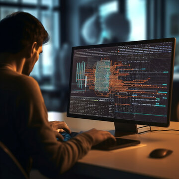Developer in front of a PC, programming software | Generative AI | no real person 