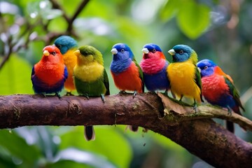 A vibrant flock of tropical birds perched on branches, Generative Ai