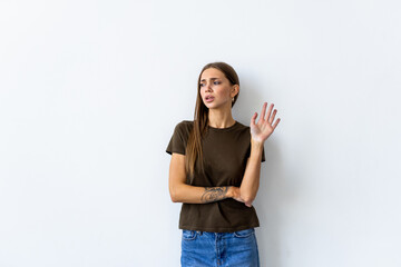Arrogant woman shrugging raise hands look with disdain and confusion with strange accusation on white background